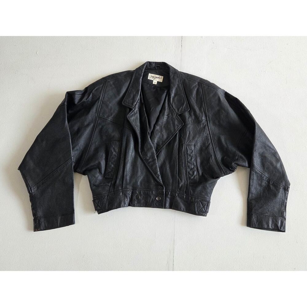 Vintage Jay Jacobs black leather cropped jacket 80s 90s minimalist